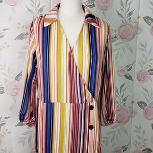 CUTE Yellow Striped Surplice Top Peplum Blouse womens M V Neck medium
